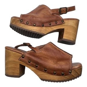 Bed Stu Marie Leather Wooden Platform Heel Peep Toe Slingback Sandals Chunky